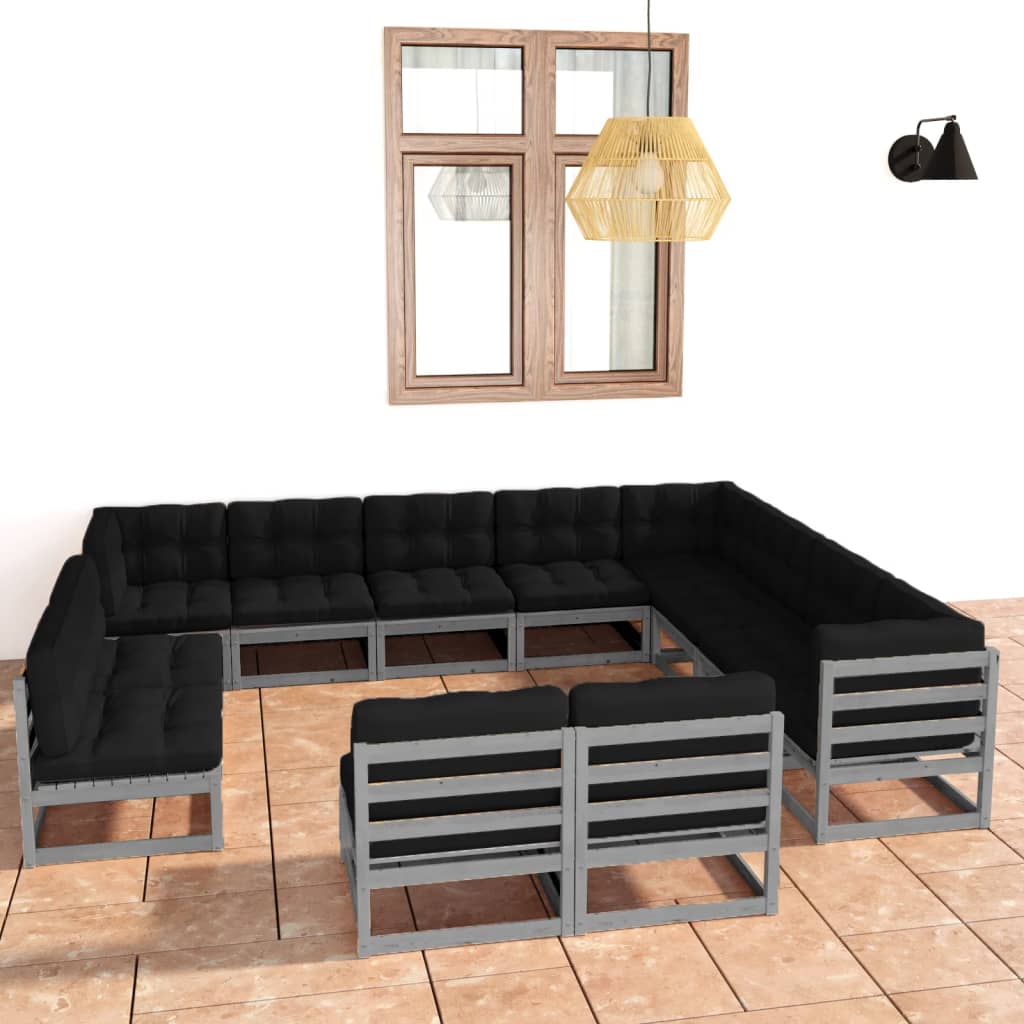 12-tlg. Garten-Lounge-Set mit Kissen Grau Kiefer Massivholz