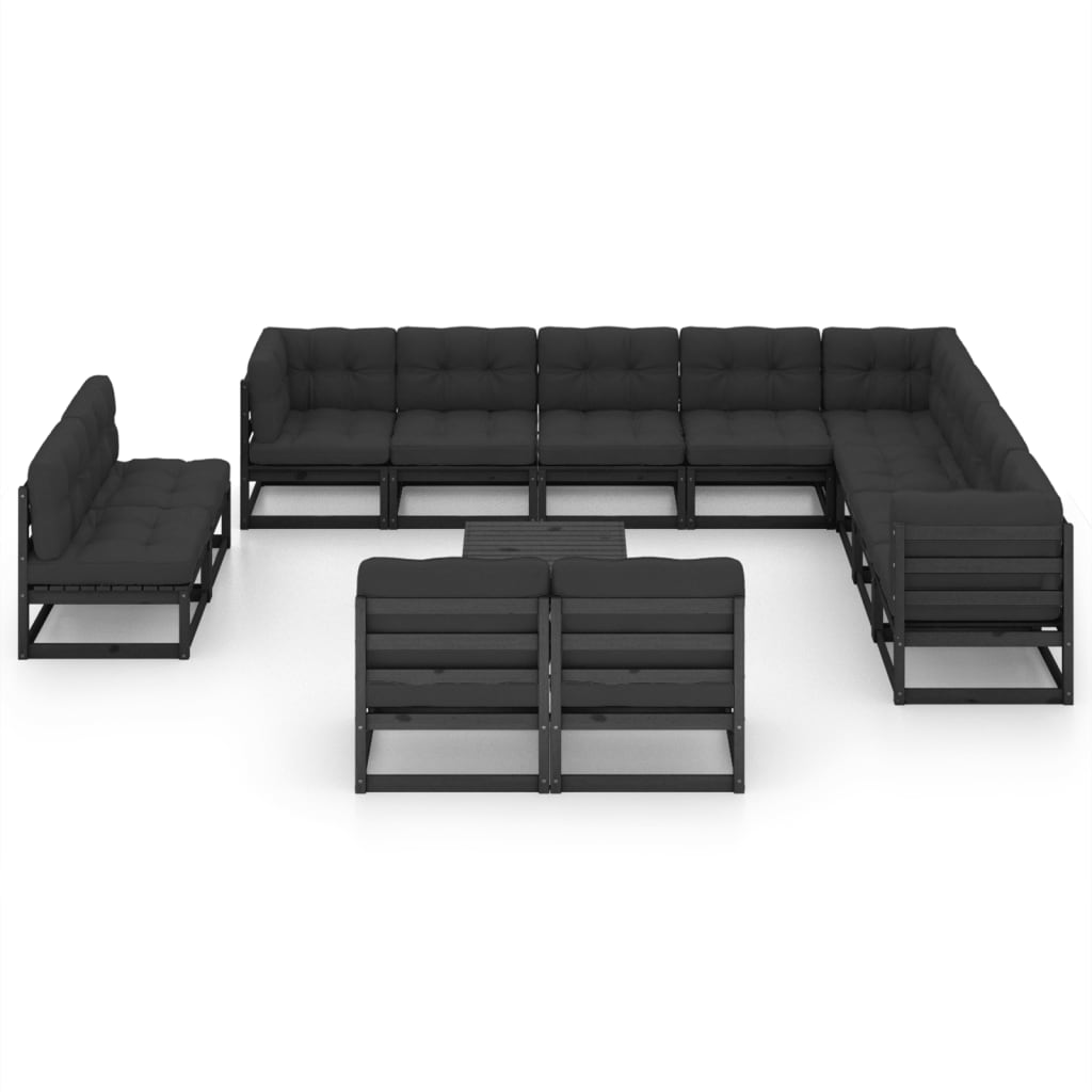 13-tlg. Garten-Lounge-Set mit Kissen Schwarz Kiefer Massivholz
