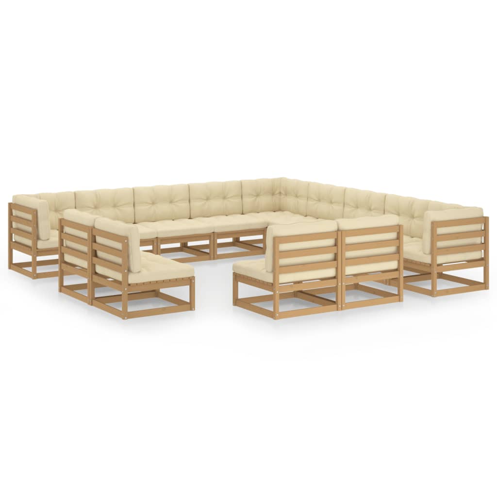 13-tlg. Garten-Lounge-Set Kissen Honigbraun Kiefer Massivholz