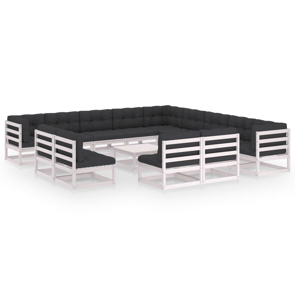 14-tlg. Garten-Lounge-Set mit Kissen Weiss Kiefer Massivholz