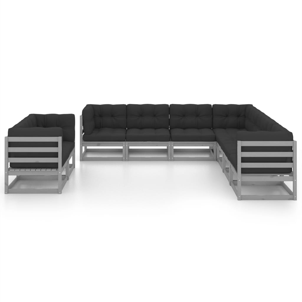 9-tlg. Garten-Lounge-Set mit Kissen Grau Kiefer Massivholz