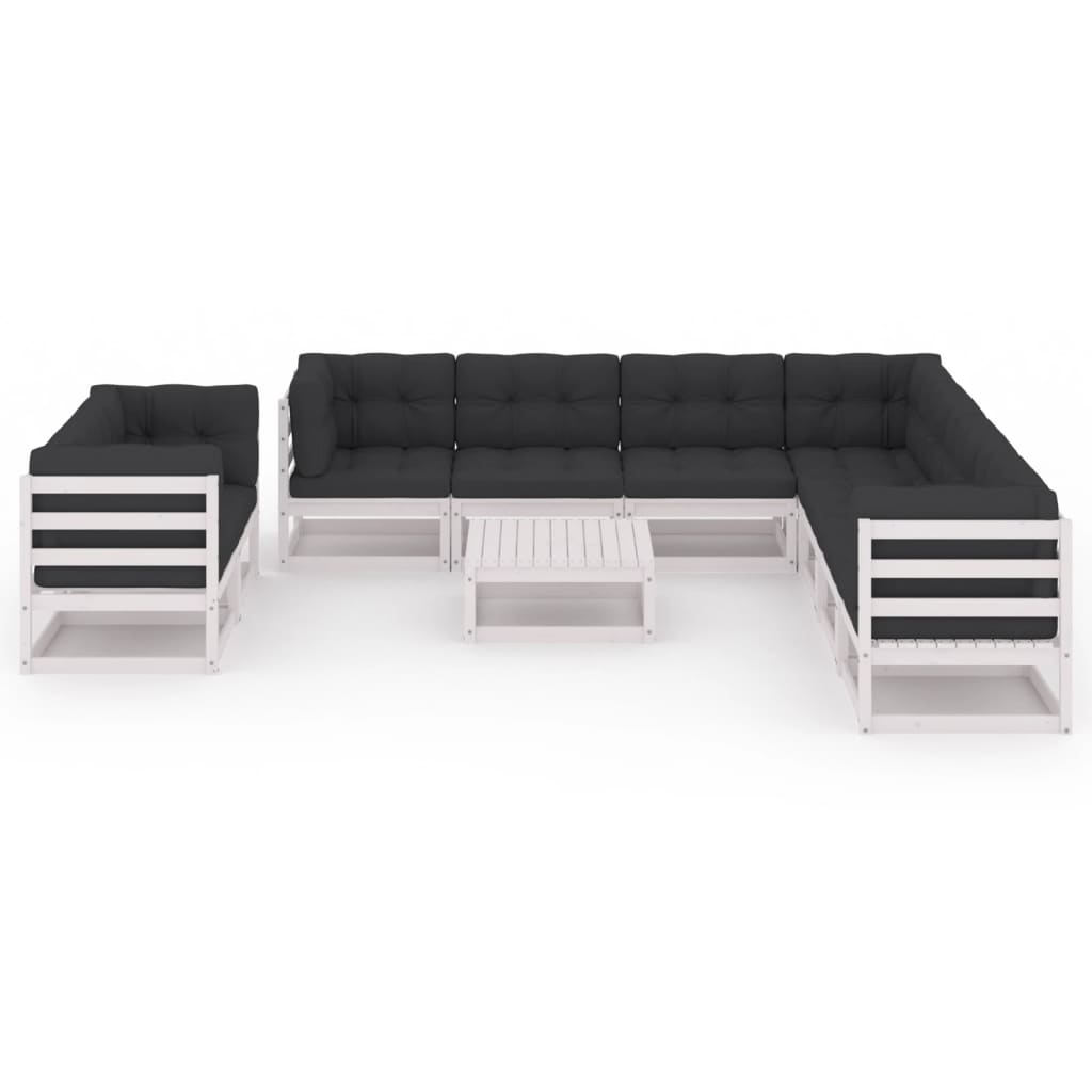 10-tlg. Garten-Lounge-Set mit Kissen Weiss Kiefer Massivholz