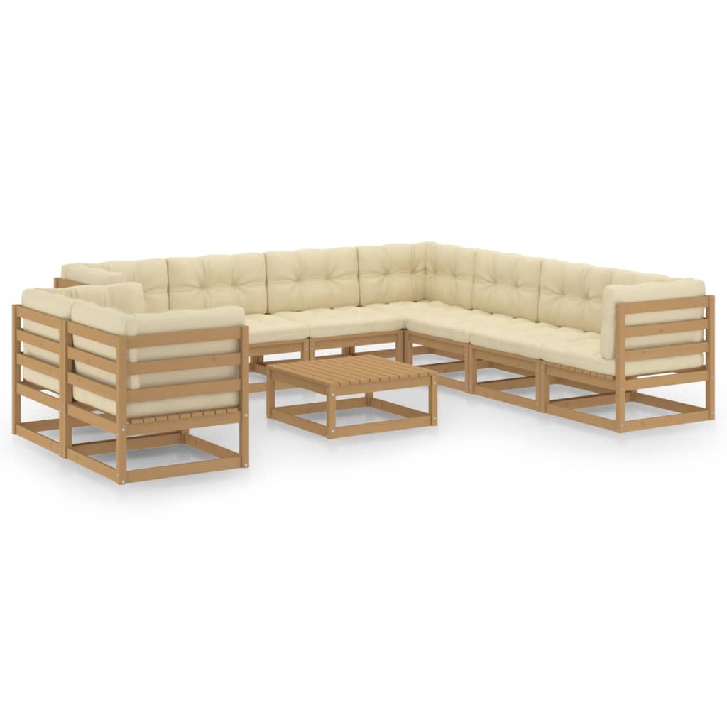 10-tlg. Garten-Lounge-Set Kissen Honigbraun Kiefer Massivholz