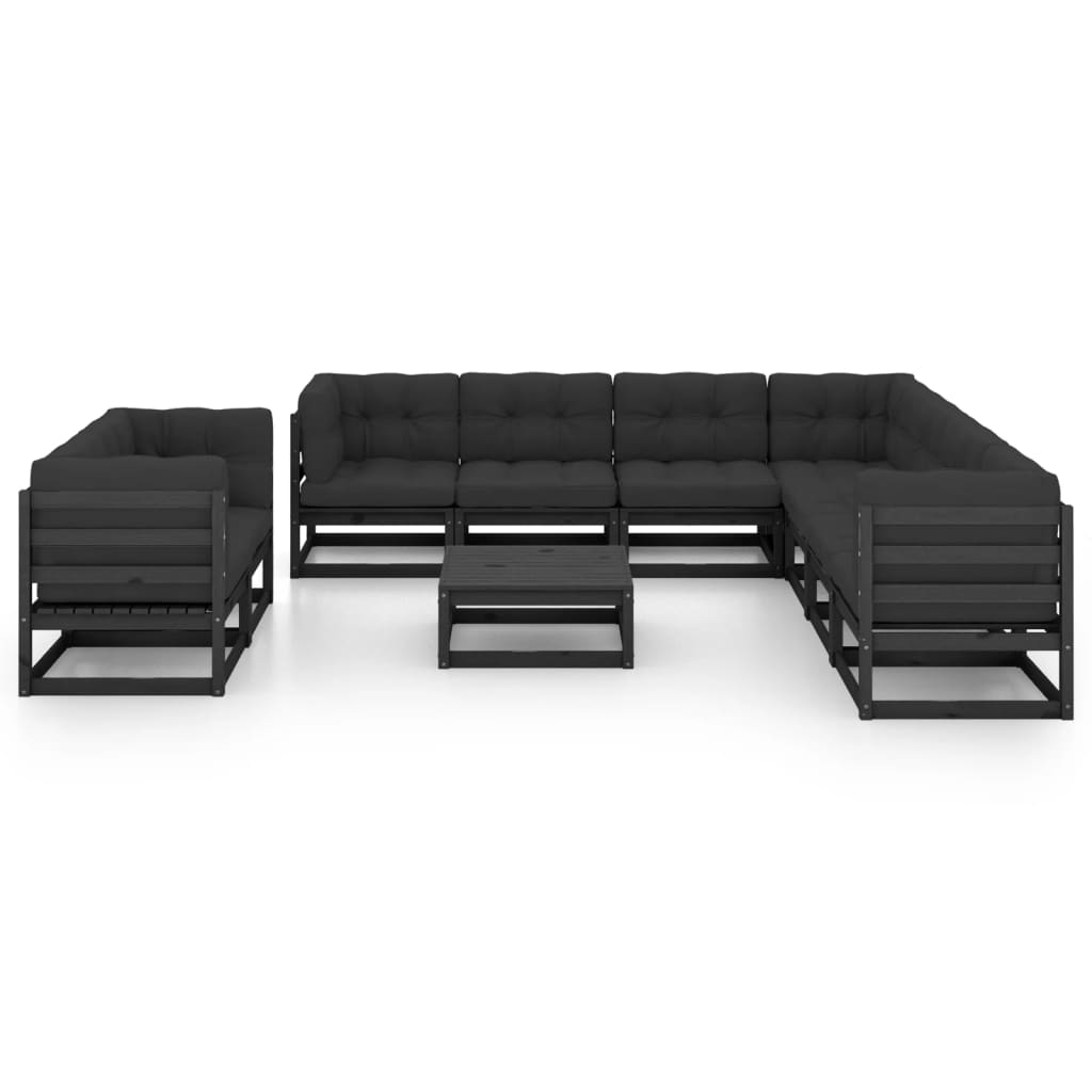 10-tlg. Garten-Lounge-Set mit Kissen Schwarz Kiefer Massivholz