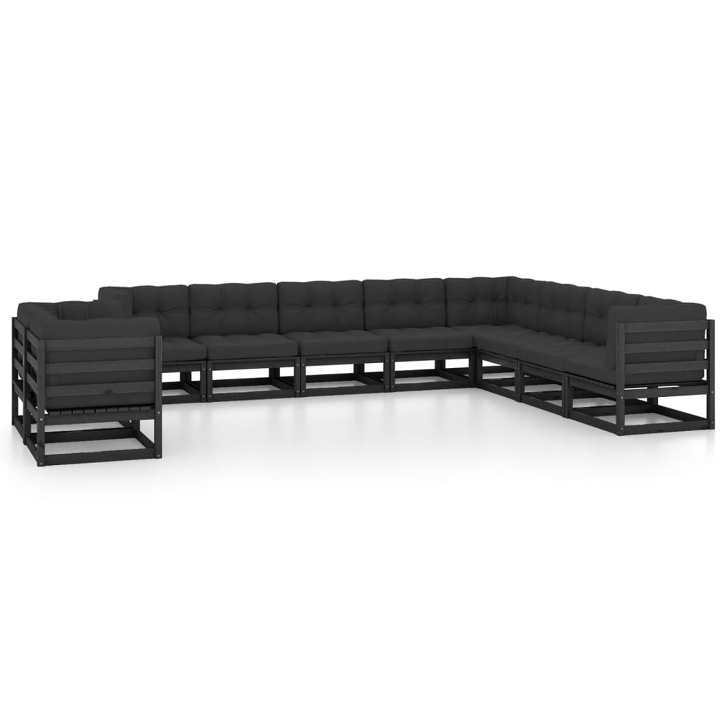 10-tlg. Garten-Lounge-Set mit Kissen Schwarz Kiefer Massivholz
