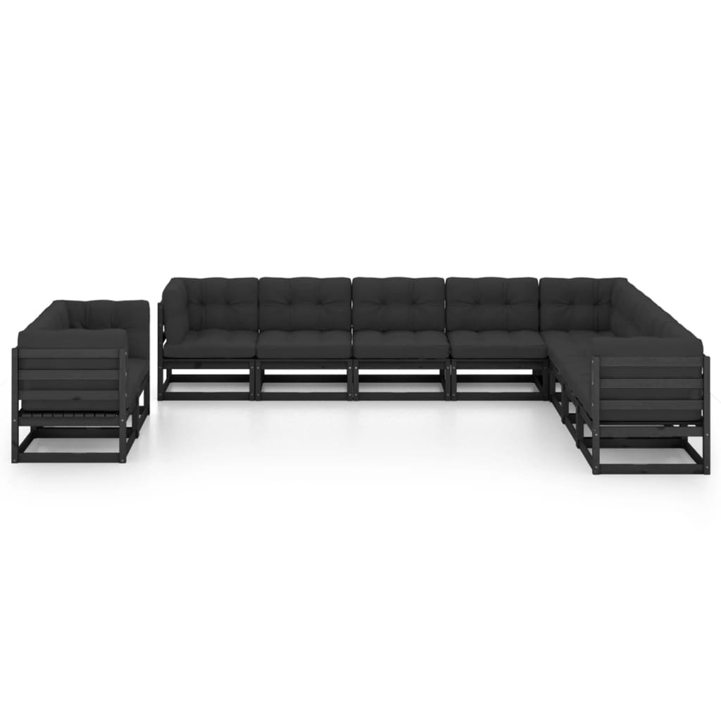 10-tlg. Garten-Lounge-Set mit Kissen Schwarz Kiefer Massivholz