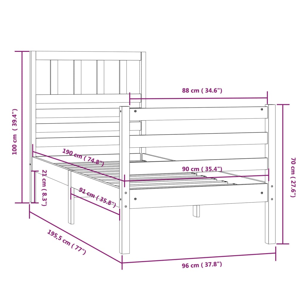 Massivholzbett 90x190 cm 3FT Single