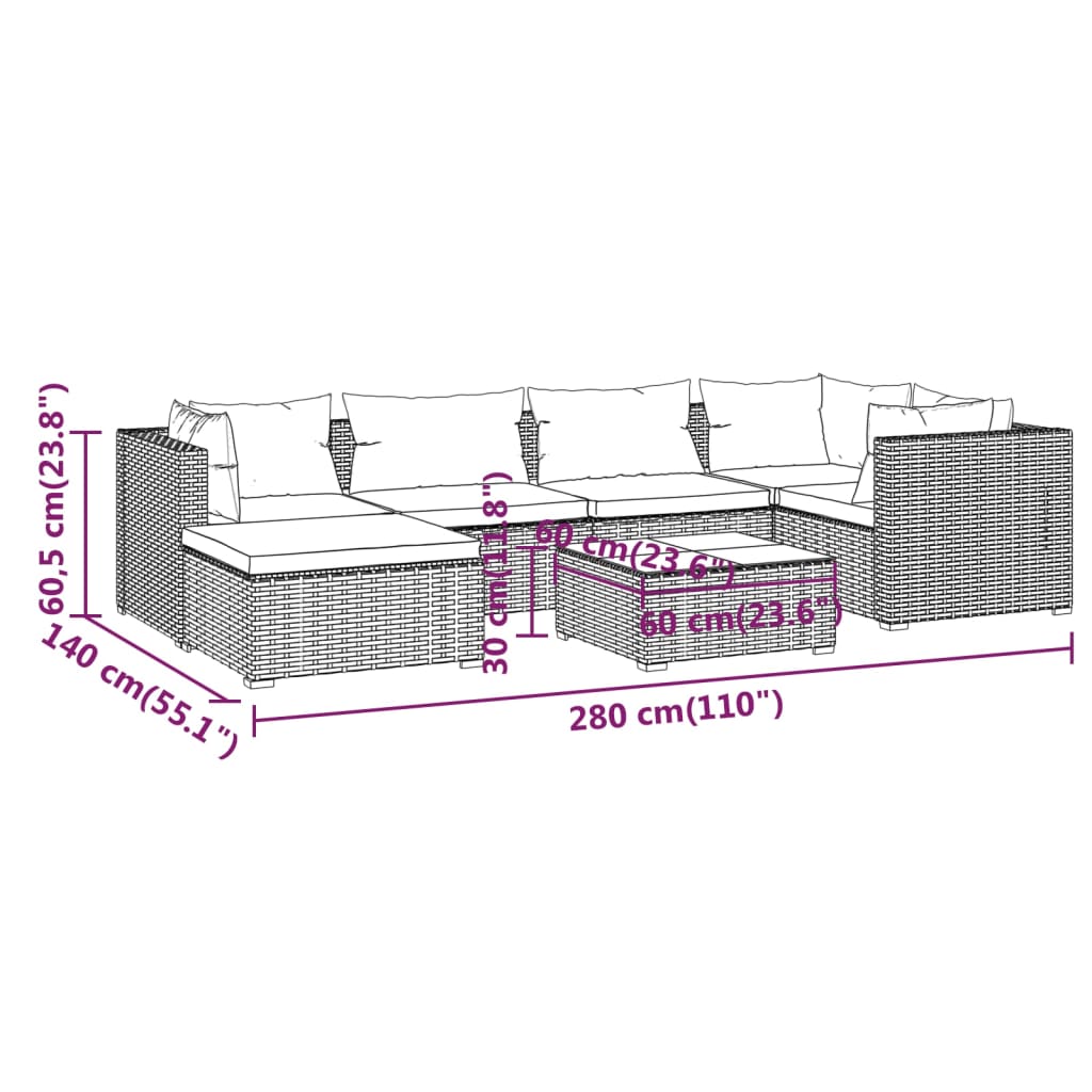 7-tlg. Garten-Lounge-Set mit Kissen Poly Rattan Braun